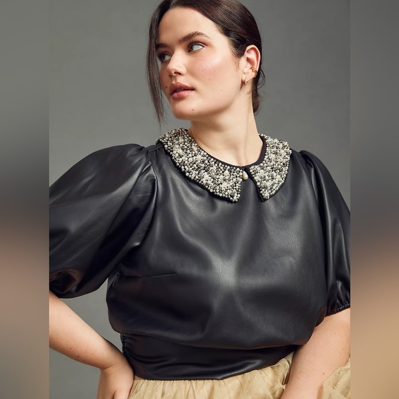 New Women’s Maeve Faux Leather Puff-Sleeve Blouse By Anthropologie!!🔥🔥🔥 - Picture 5 of 16